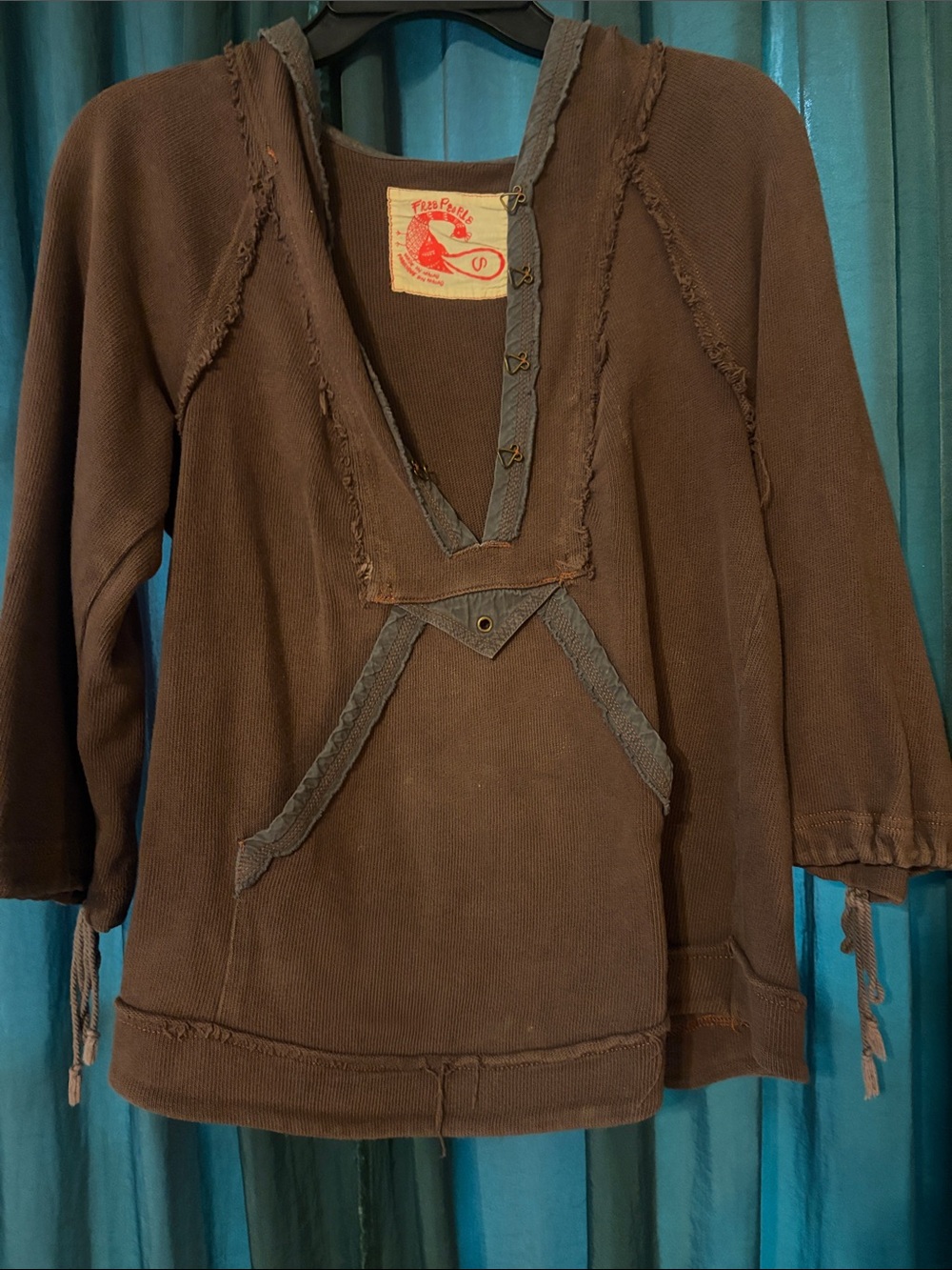 Free People Brown Hooded Pullover Sweatshirt with Distressed Trim